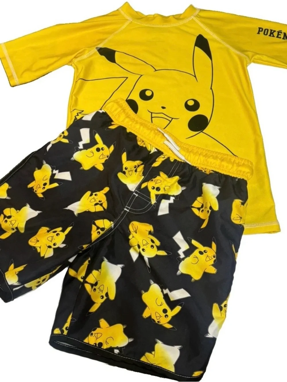 Pokémon Pikachu Boys Swim Set Size M Shirt & Swim Trunks Black Yellow Cartoon
